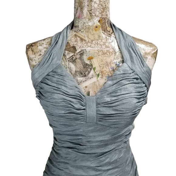 Formal Cocktail Dress Shiny Light Metallic Blue Halter Gathered Tight Bodycon - Picture 4 of 11